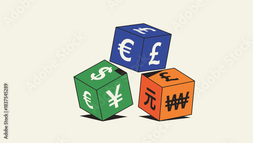 Conceptual image of financial risk using dice with international currency symbols