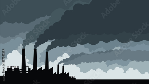 Silhouette of an industrial factory spewing smoke against a polluted sky landscape