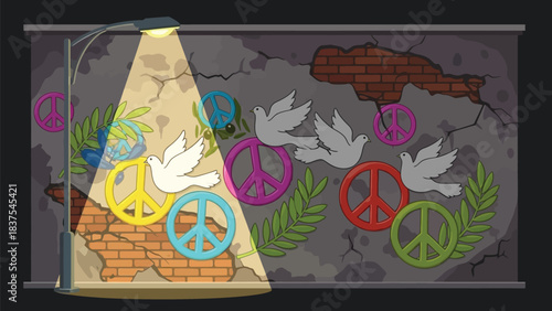 Graffiti wall art showcasing peace symbols, lit by a lone streetlamp, portraying urban tranquility