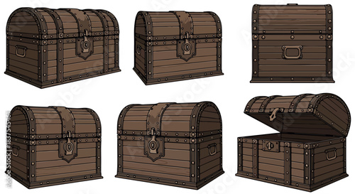 Wooden treasure chest views with transparent background