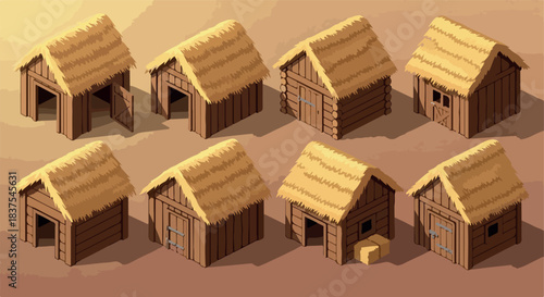 Simple wooden huts with thatched roofs