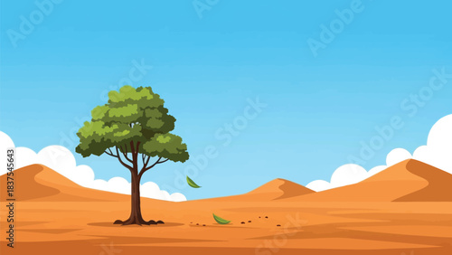 Solitary tree in a barren desert with leaves falling, symbolic illustration