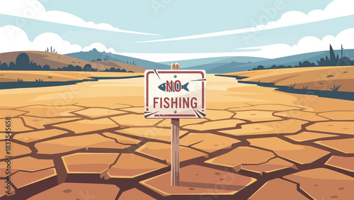 Dried riverbed with no fishing sign shows environmental destruction and drought