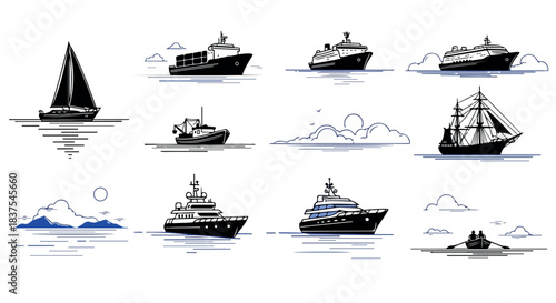 Various boats and ships on water with clouds