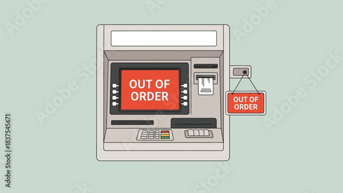 ATM displaying an 'Out of Order' sign, representing banking unavailability