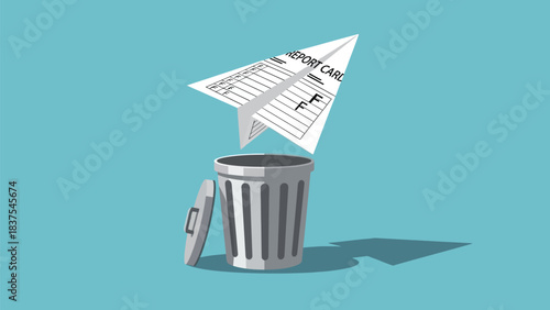 Failed grades: Student report card paper airplane heads for trash can.