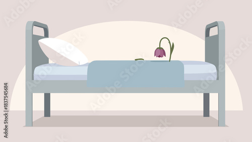 Empty hospital bed with a drooping flower, portraying grief due to terminal illness