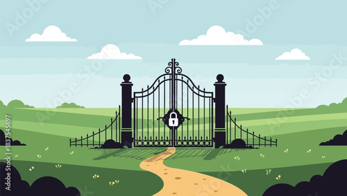 The locked gate in a vibrant field symbolizes unseen societal obstacles