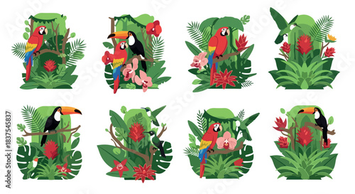 Tropical birds and foliage arrangement