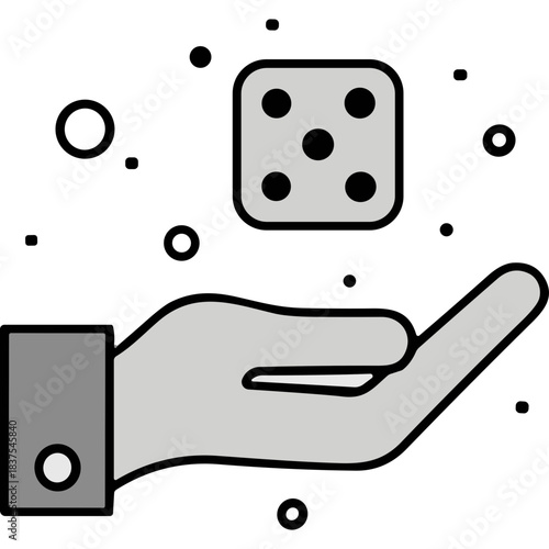 Flipping A Square White Dice Showing The Number Five On A Grey Palm With A Dark Grey Sleeve And A White Button Against A Black Background