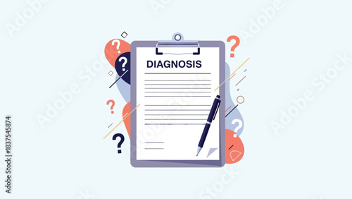 Blank Diagnosis Clipboard with Question Marks Symbolizing Medical Uncertainty