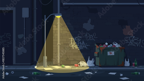 Gloomy alleyway scene with a single streetlight illuminating the urban decay