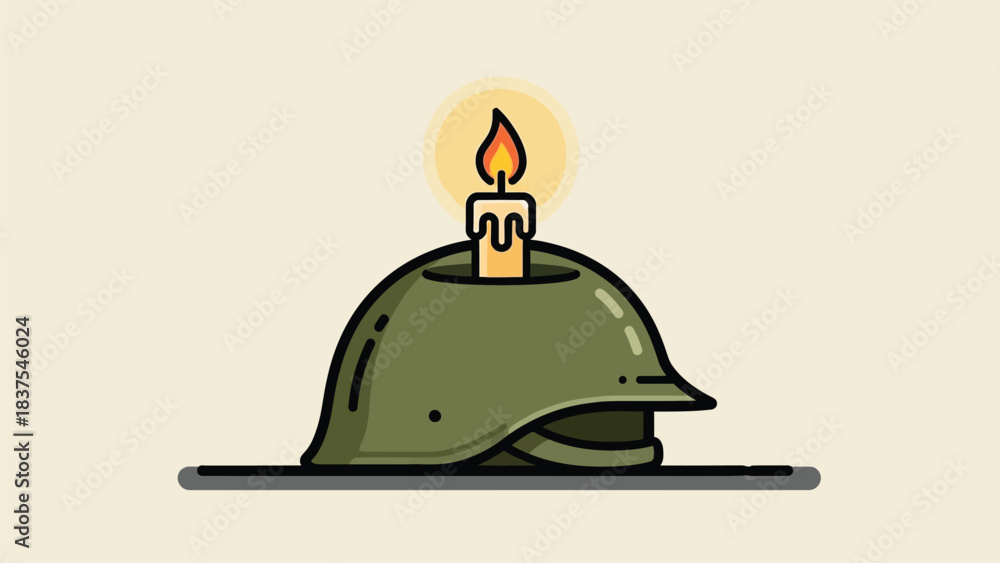 Obraz premium A soldier's helmet bearing a lighted candle conveys quiet tribute and solemn remembrance
