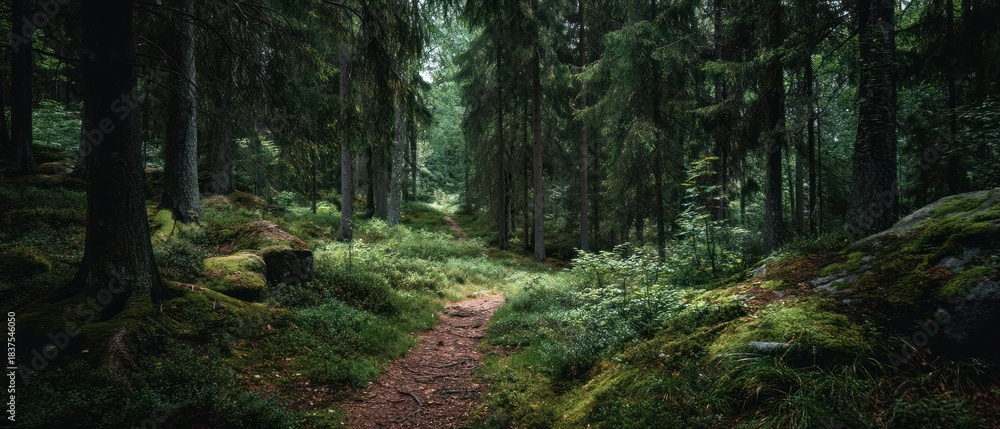 Obraz premium Forest path through tall trees with green foliage and moss sunlight