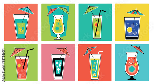 Colorful cocktails with umbrellas in a retro style