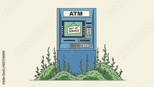 Abandoned ATM with Overgrown Weeds Illustration Depicting Economic Decline