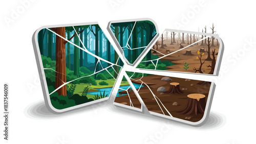 Shattered reflections portraying deforestation and environmental deterioration