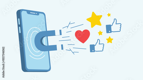 Smart phone resembling magnet attracting social media icons, depicting addiction