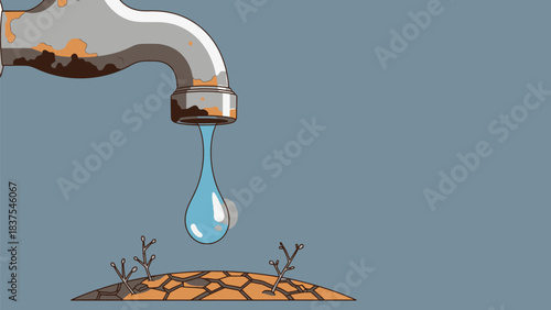 A single drop of water falling from a rusty faucet highlights urgent water scarcity