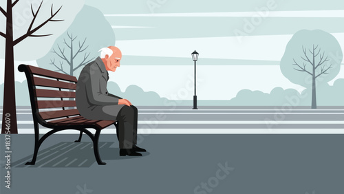 An illustration of a solitary senior man sitting pensively on a park bench