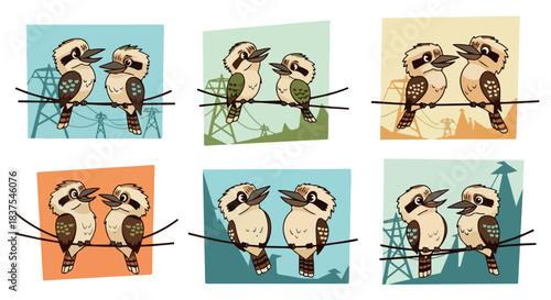 Kookaburra birds pair on wires in colorful scenes