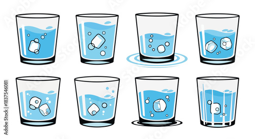 Glasses of water with ice cubes in various states