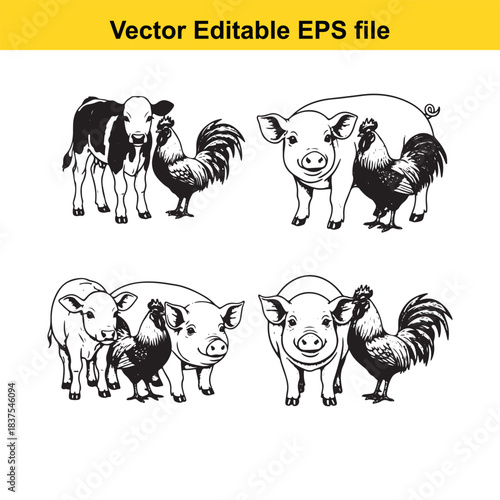  Set of various farm animal compositions including calves pigs and roosters, black and white hand drawn sketch vector illustrations