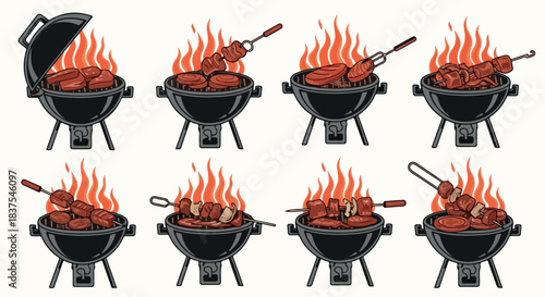 Barbecue grilling stages with flames and food