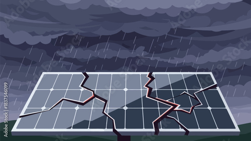 Damaged Solar Panel under Tempestuous Skies: Renewable Energy Setback Symbolized