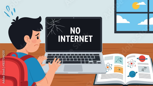 Digital frustration: Boy with broken laptop facing learning challenges