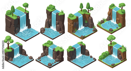 Isometric waterfalls landscape set with rocks and trees