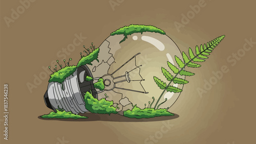 Nature reclaiming technology: A cracked bulb sprouting life with vivid mossy growth