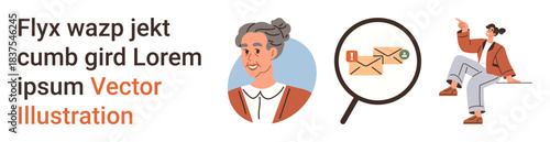 Communication, education, teamwork, visualization, correspondence, and digital tools. Woman portrait, email icons and a person pointing. Communication and correspondence concepts