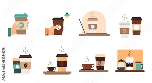 Coffee cups and takeout containers flat style