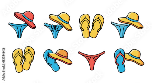 Summer accessories: hats, swimwear, flip-flops