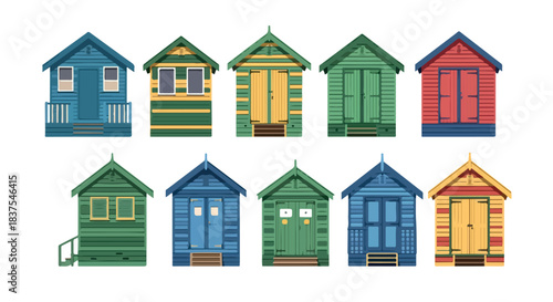 Colorful beach huts row with transparent background