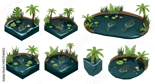 Alligator swamp scene with tropical plants and lily pads