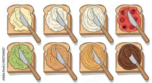 Toast with various spreads food breakfast concept