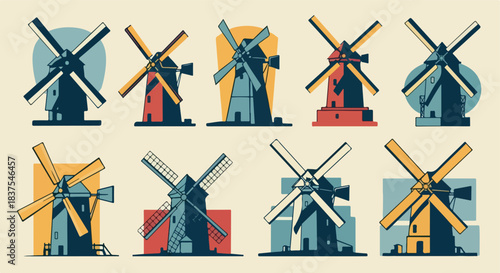 Dutch windmills collection in various colors
