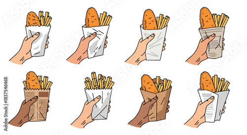 Hands holding french fries in paper containers