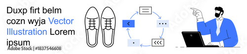 Workflow processes, technology, digital communication, business solutions, design tools, online operations. Shoes outline, arrows person working. Workflow processes and technology concepts
