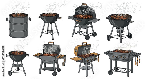 Various barbecue grills cooking meat outdoors