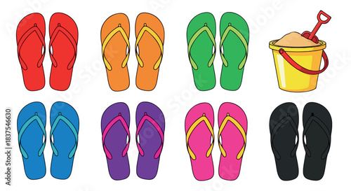 Colorful flip-flops and beach bucket for summer fun