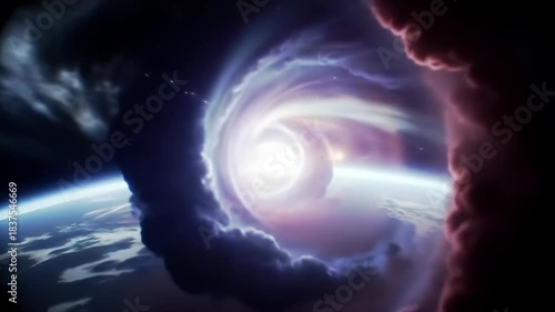 Atmospheric scene showcasing a swirling, dark cloud funnel and powerful lightning strikes above a planet