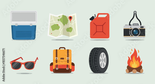 Camping gear icons set for outdoor adventure