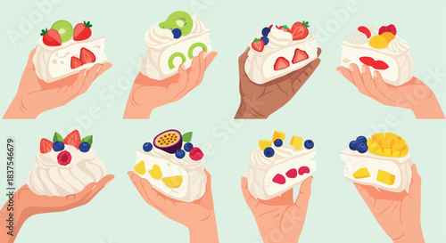 Desserts in hands with fruit toppings