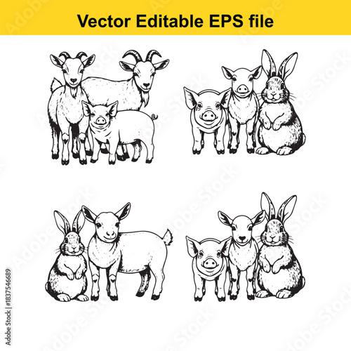  Charming ensembles of farm animals feature goats pigs and rabbits highlighting their endearing group dynamics