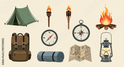 Camping gear icons set with transparent background