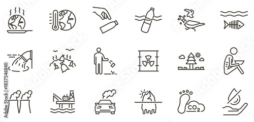 Environmental pollution, global warming and climate crisis line icons. Plastic waste, CO2 emissions and ocean contamination vector symbols. Ecology problems editable stroke outline icon set.