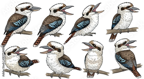 Laughing kookaburra birds in various poses